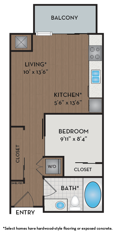 A floor plan of a small apartment with a living room, kitchen, bedroom, and bathroom.